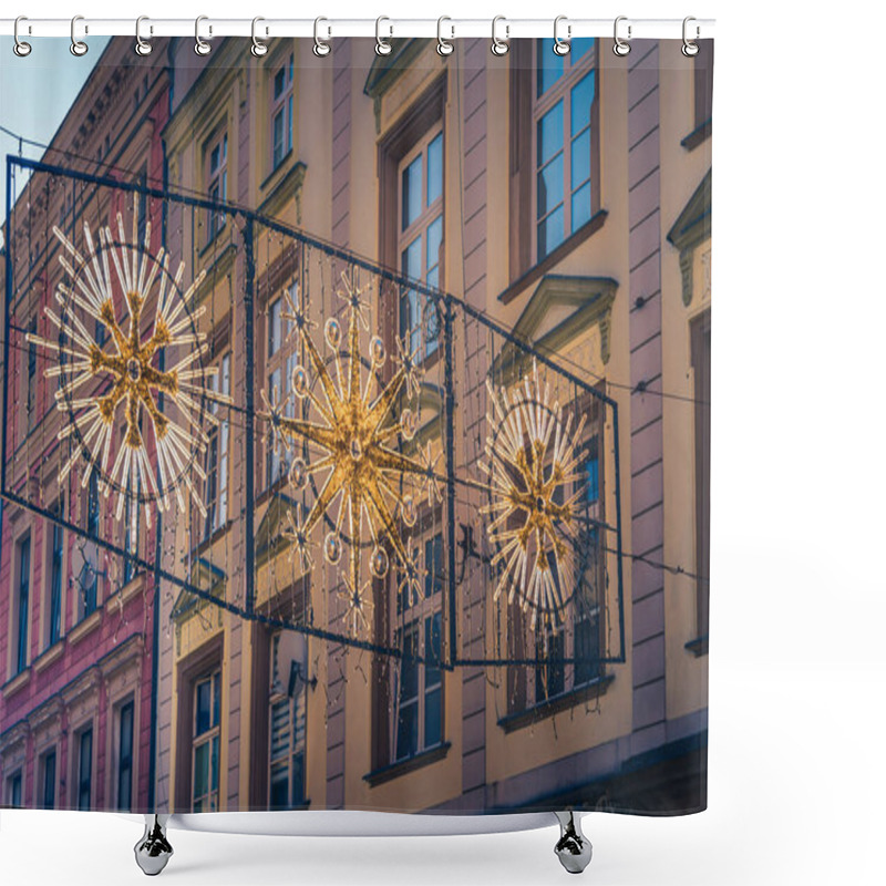 Personality  Decorative Holiday Lights Illuminate Historic Building Front In Festive Display Shower Curtains