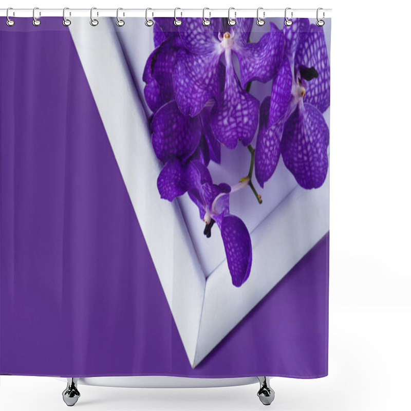 Personality  Top View Of Orchid Flowers On White Frame On Purple Surface Shower Curtains