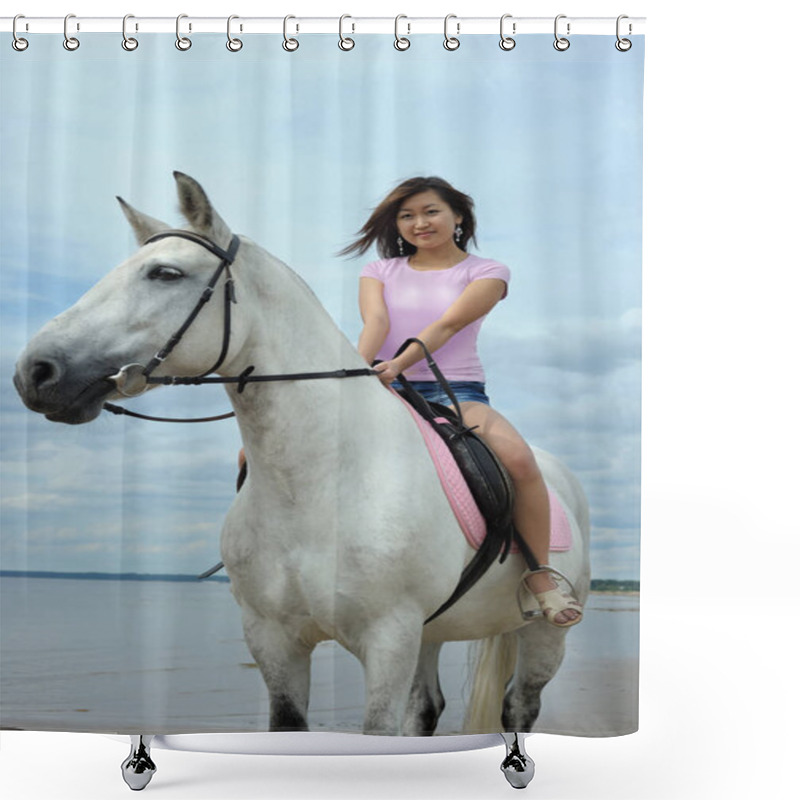 Personality  Young Pretty Asian Woman Riding White Horse Shower Curtains