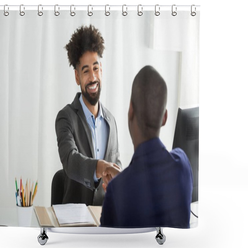 Personality  Smiling Young Businessman Shaking Hand With Male Candidate In Office Shower Curtains