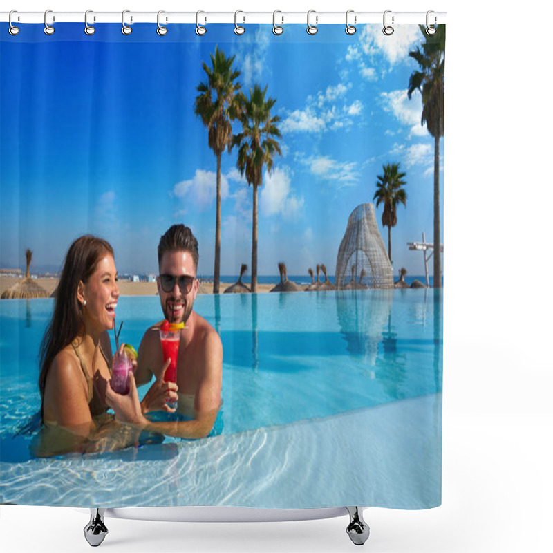 Personality  Tourist Couple Having Bath In Infinity Pool On A Beach Resort With Cocktails Shower Curtains