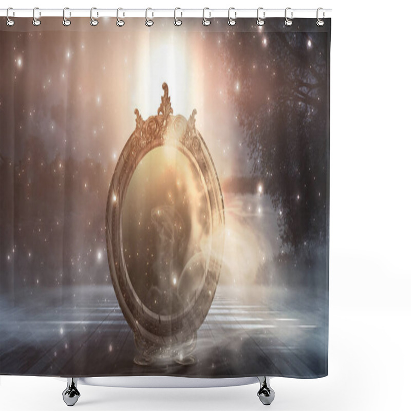 Personality  Dark Forest, Magic Mirror. Night View, Smoke, Smog, Neon Light, Moon. Dark Fantasy Mystical Landscape.  Shower Curtains