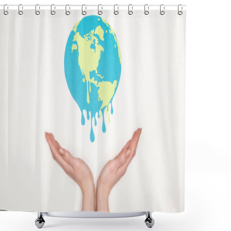 Personality  Cropped View Of Woman Holding Open Hands Under Paper Cut Melting Globe On White Background, Global Warming Concept Shower Curtains