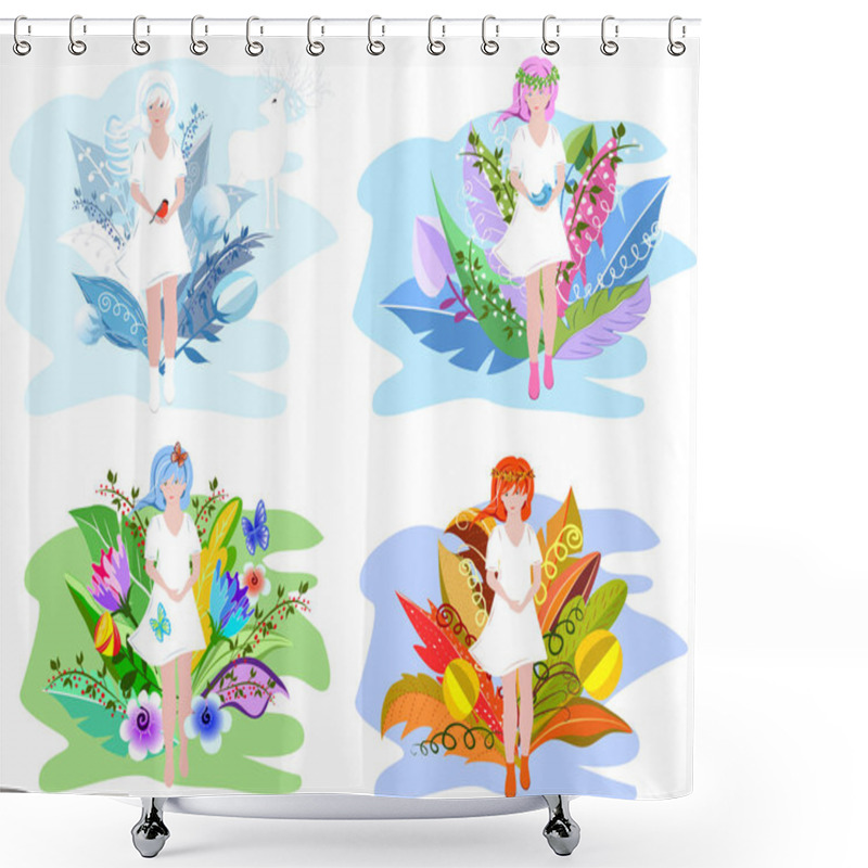 Personality  Floral Girls. Four Seasons Abstraction Concept For Your Design With Surreal Flowers. Shower Curtains