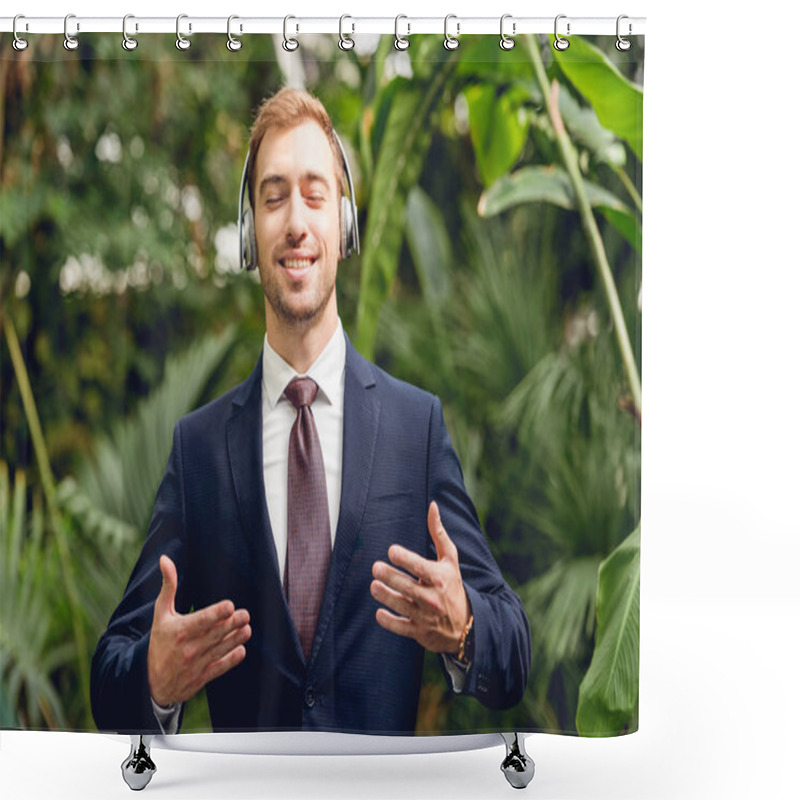 Personality  Happy Businessman In Suit And Wireless Headphones Breathing Fresh Air In Greenhouse Shower Curtains