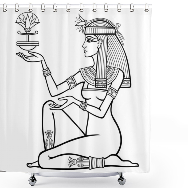 Personality  Animation Linear Portrait Of Beautiful Egyptian Woman Holds A Flower In His Hands. Goddess, Princess. Profile View. Vector Illustration Isolated On A White Background. Print, Poster, T-shirt, Tattoo. Shower Curtains