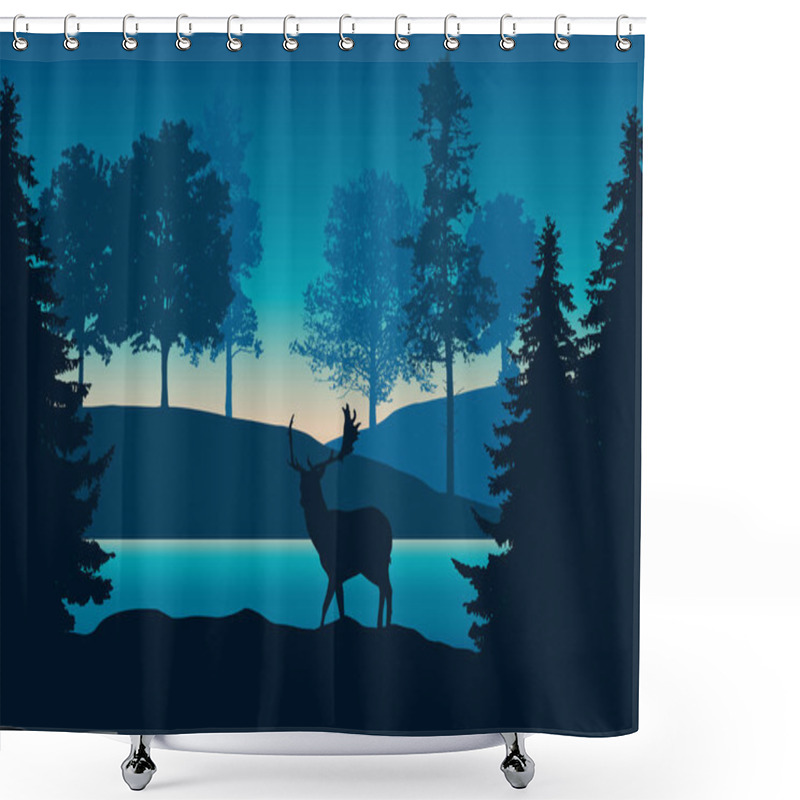 Personality  Realistic Illustration Of Hilly Landscape With Forest, River Or Lake And Standing Deer Under Blue-green Sky With Dawn - Vector Shower Curtains