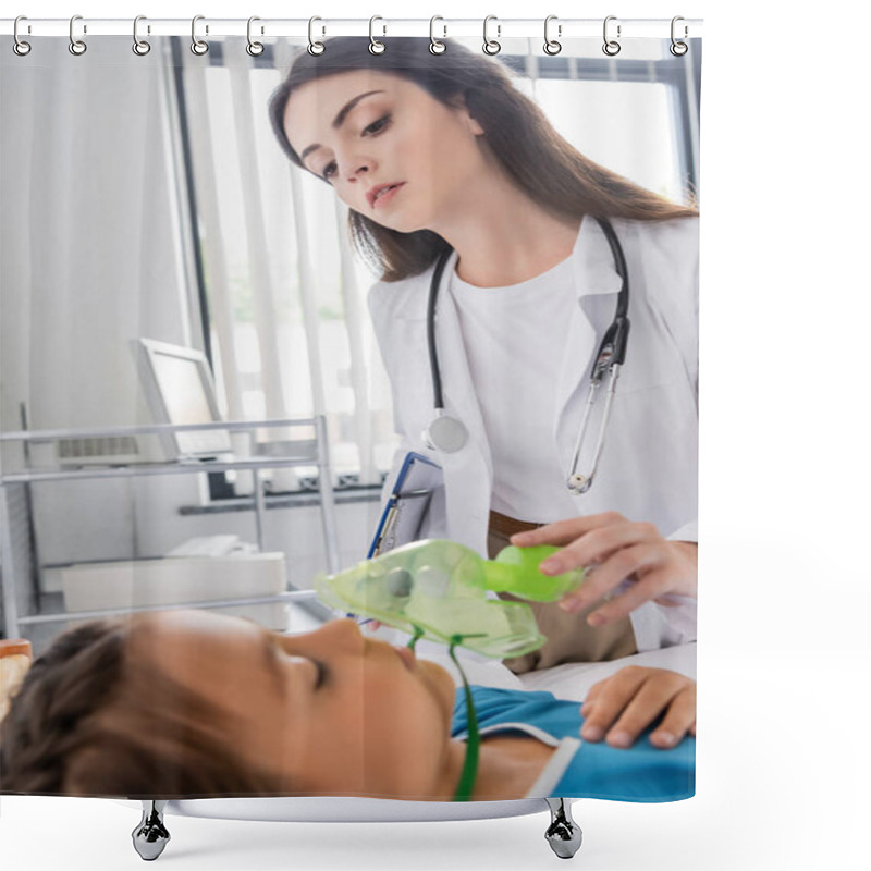 Personality  Pediatrician Holding Oxygen Mask And Looking At Patient In Clinic  Shower Curtains