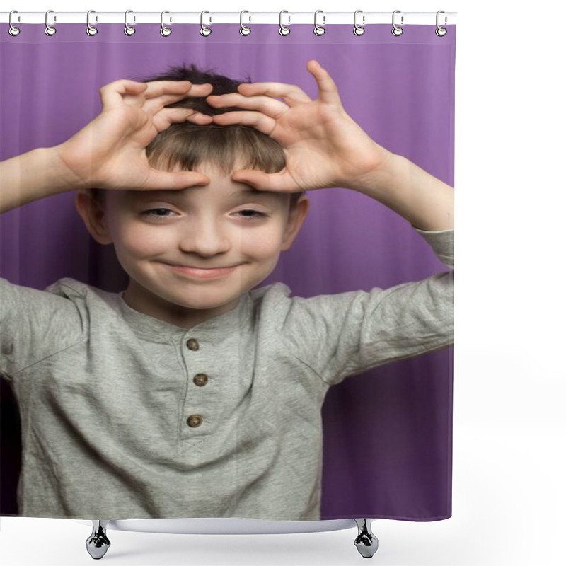 Personality  Young Boy In A Grey Shirt With Wooden Buttons, Forming A Heart Shape With His Hands Against A Purple Background. Great For Themes Of Love, Childhood, Creativity, And Playful Gestures. Shower Curtains