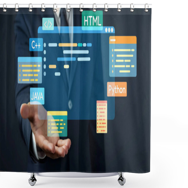 Personality  Software Developer Or Programmer Work With Coding Digital Overlays Of Various Programming Languages Like HTML, Python, Java, And C EIDE For New Application Mobile Phone Development Shower Curtains