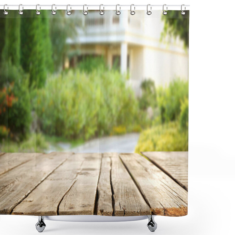 Personality  Empty Wooden Table And Beautiful Garden On Background Shower Curtains