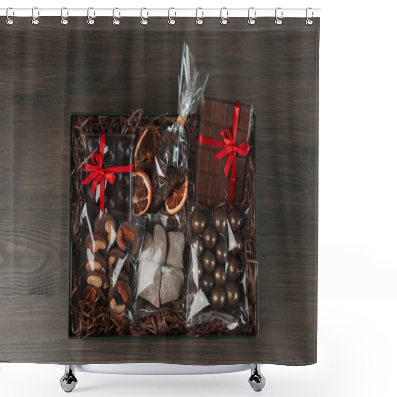 Personality  Gift Box With Chocolate And Sweets On Wooden Table, Top View Shower Curtains