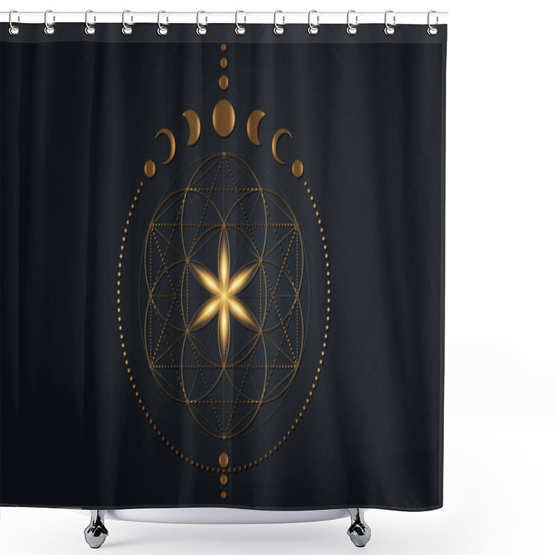 Personality  Mystical Flower Of Life And Moon Phases, Sacred Geometry. Gold Seed Of Life. Pagan Wiccan Goddess Symbol, Old Golden Wicca Banner Sign, Energy Circles, Boho Style Vector Isolated On Black Background Shower Curtains