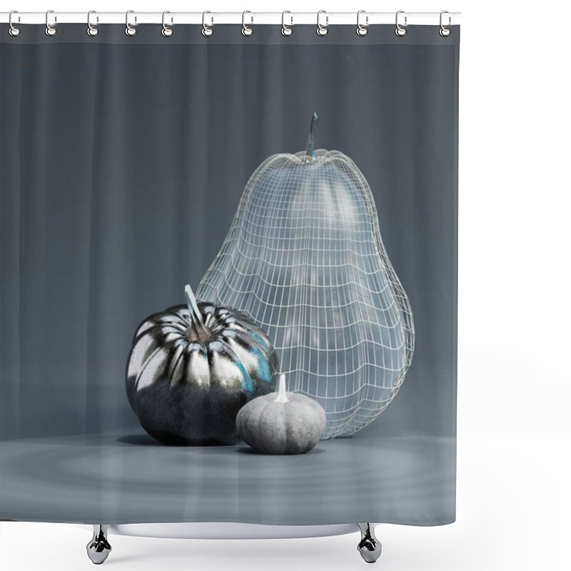 Personality  Stylish 3D Arrangement Of Metallic Pumpkins And A Pear With A Wireframe Texture. Shower Curtains