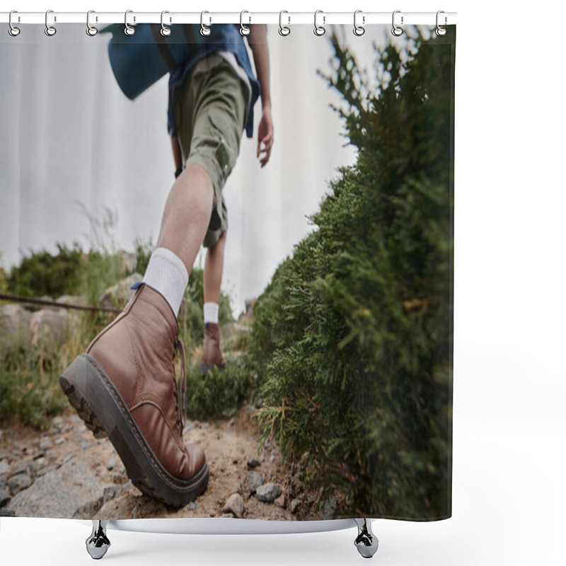 Personality  Tranquil Nature, Cropped View Of Tourist Walking In Brown Boots With White Socks, Adventure Lover Shower Curtains