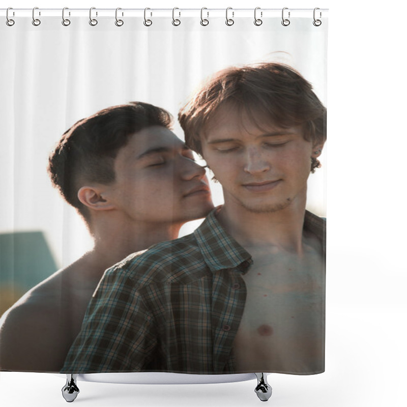 Personality  Portrait Of A Happy Gay Couple Outdoors Shower Curtains