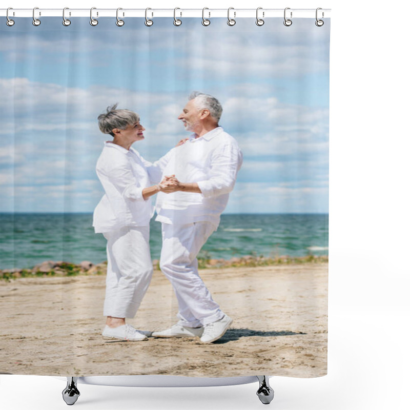 Personality  Full Length View Of Happy Senior Couple Looking At Each Other While Dancing At Beach Shower Curtains