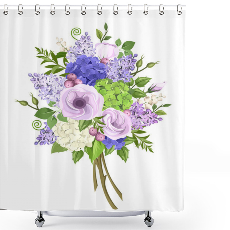 Personality  Bouquet Of Purple, Blue, White And Green Flowers. Vector Illustration. Shower Curtains