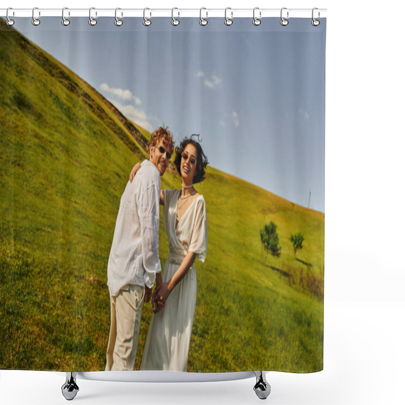 Personality  Rural Wedding In Countryside, Multiethnic Newlyweds In Wedding Gown Looking At Camera In Green Field Shower Curtains