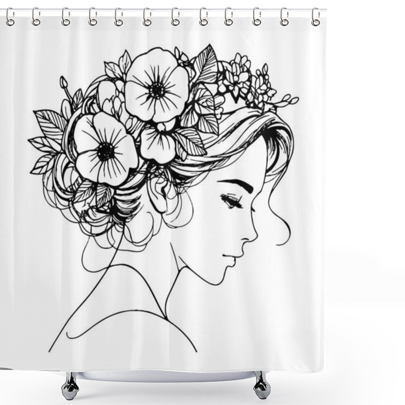 Personality  Elegant Linear Portrait Of A Young Woman With Flowers In Her Hair. Opulent, Contemporary Illustration With Soft Black Lines On A White Backdrop In Boho Style. Shower Curtains