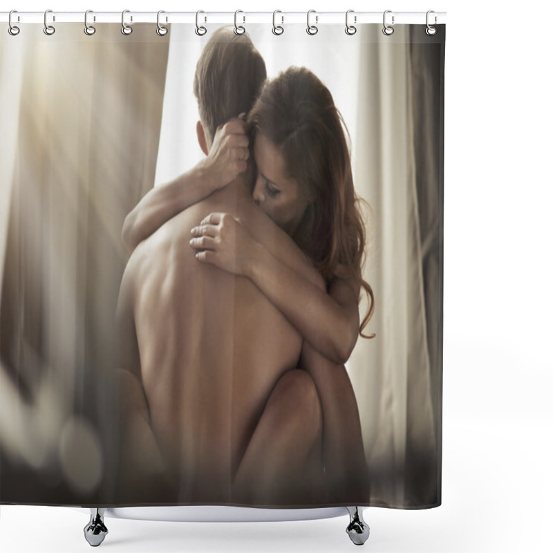 Personality  Sexy Young Couple Kissing And Playing In Bed. Shower Curtains