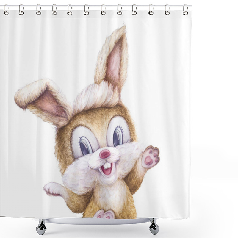 Personality  Watercolor. Happy Rabbit Smiling. Cute Bunny. Kids Personage. Newborn Art Gift. Print Quality. White Background.  Shower Curtains