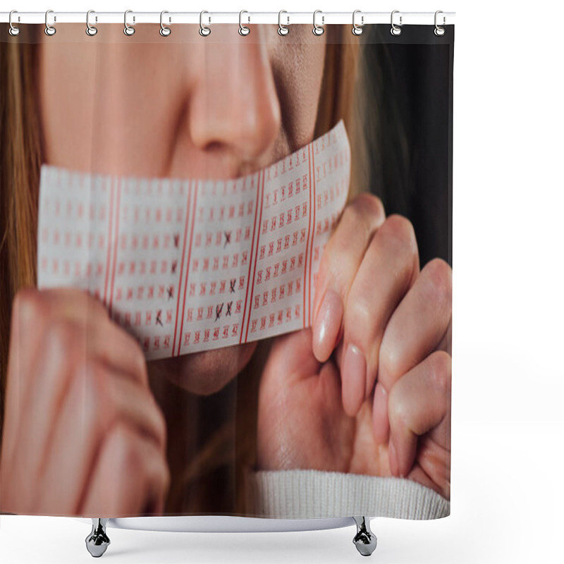 Personality  Cropped View Of Woman Kissing Lottery Ticket For Luck Shower Curtains