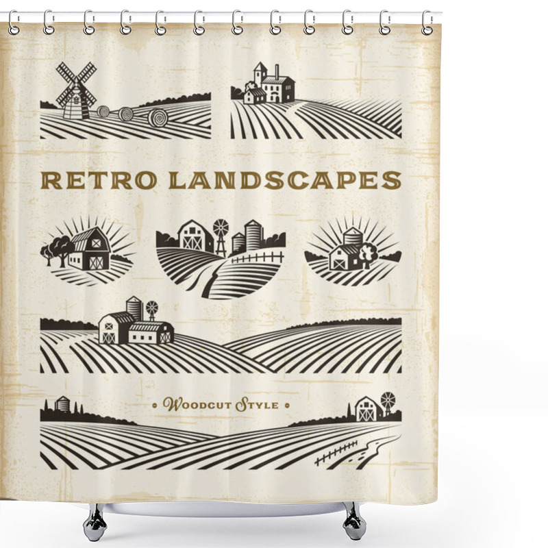 Personality  Retro Landscapes Set. Editable EPS10 Vector Illustration In Woodcut Style With Clipping Mask And  Transparency. Shower Curtains