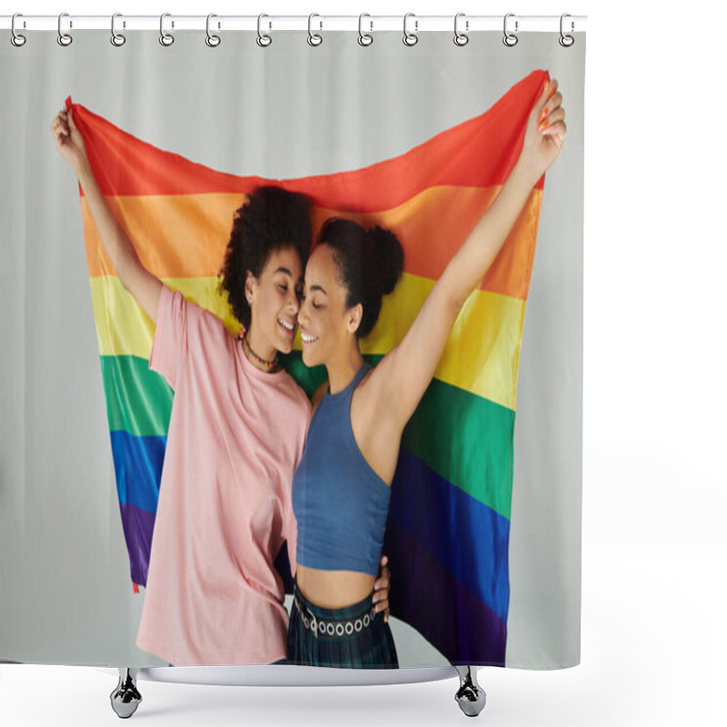 Personality  Two Friends Warmly Embrace While Holding A Rainbow Flag, Celebrating Love And Diversity Together. Shower Curtains