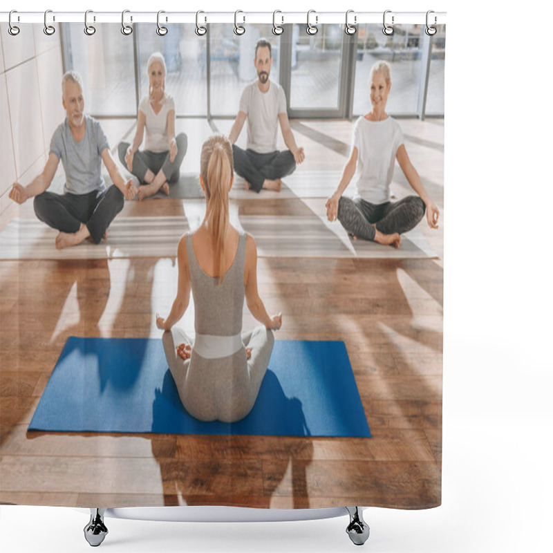 Personality  Group Of Women Meditating In Lotus Yoga Pose With Mudra Of Knowledge Shower Curtains