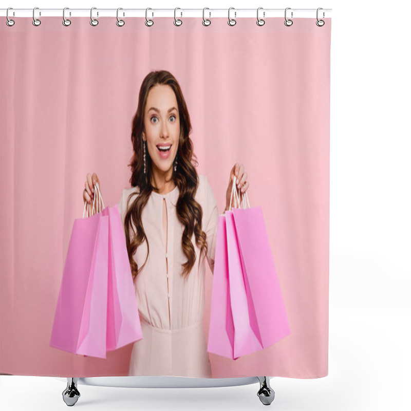 Personality  Excited Young Woman Holding Shopping Bags Isolated On Pink  Shower Curtains