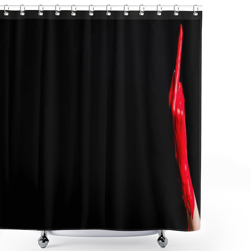 Personality  Cropped View Of Hand Painted In Red Paint Showing Middle Finger Isolated On Black, Banner Shower Curtains