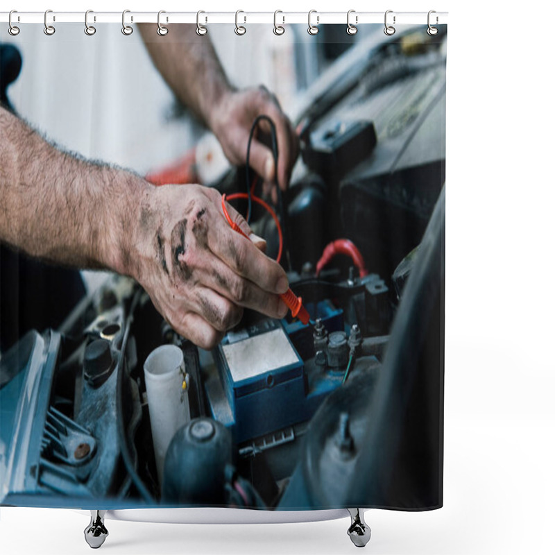 Personality  Cropped View Auto Mechanic With Mud On Hands Fixing Automobile In Car Repair Station  Shower Curtains