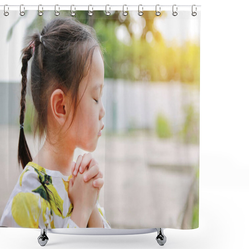 Personality  Cute Little Girl Praying Outdoor Garden. Spirituality And Religion Concept. Shower Curtains