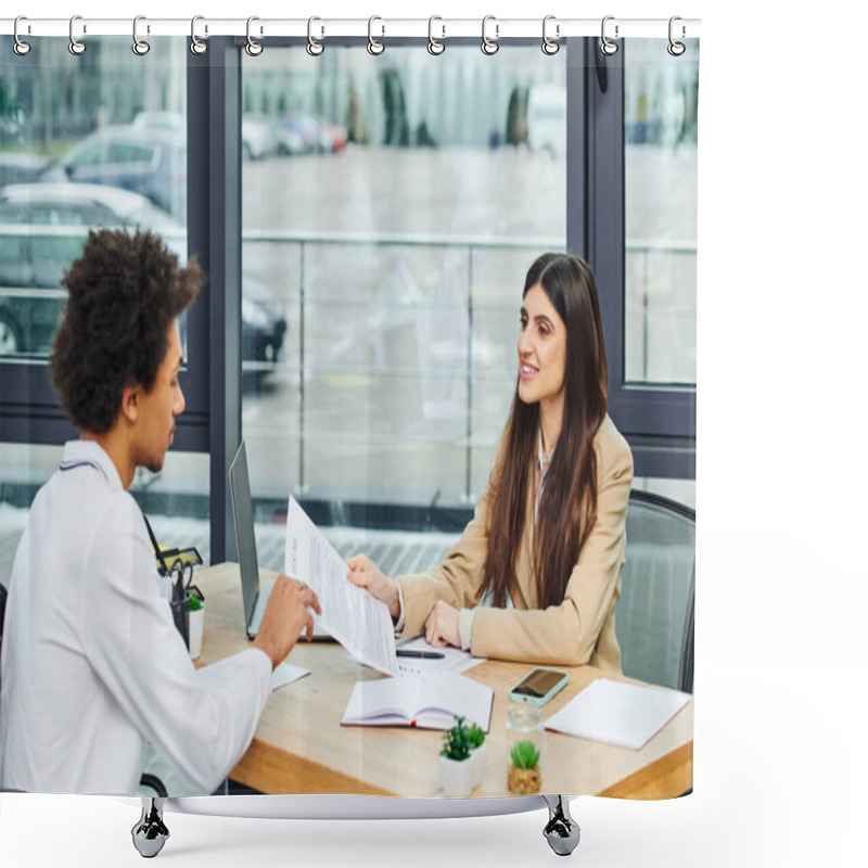 Personality  Two People Engrossed In Conversation At Table During Job Interview. Shower Curtains