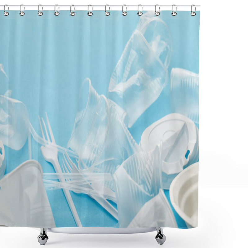 Personality  Crumpled Plastic Cups And Forks On Blue Background Shower Curtains