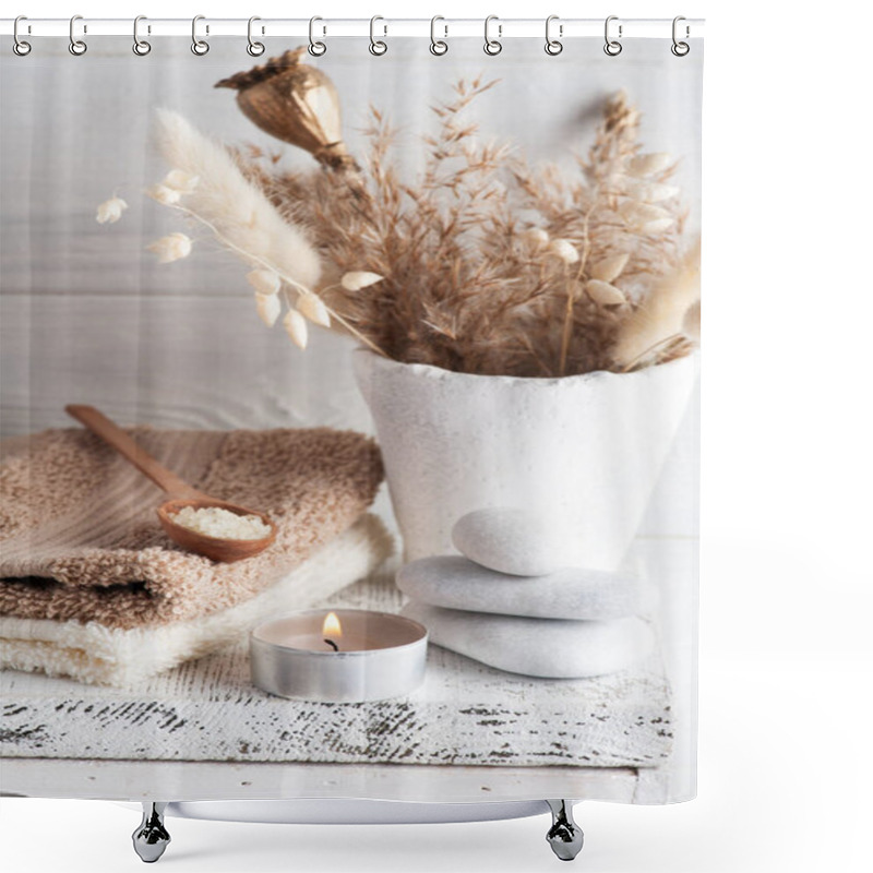 Personality  Beige Lit Aroma Candle And Golden Dry Flowers On Rustic Background. Spa Arrangement With Salt In Monochrome Style Shower Curtains