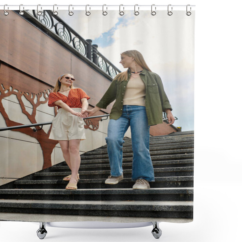 Personality  A Young Lesbian Couple Walks Hand-in-hand Up A Set Of Stone Stairs. Shower Curtains