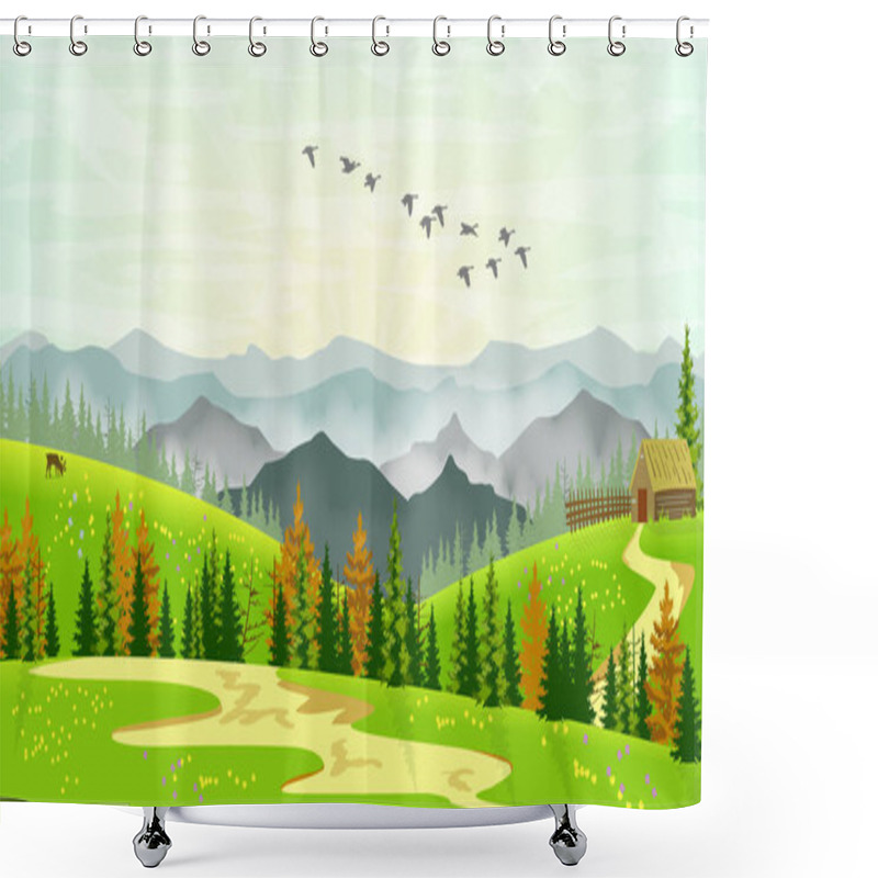 Personality  Vector Illustration Of A Simple Spring Landscape Shower Curtains