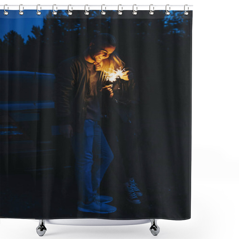 Personality  Full Length Portrait Of A Lovely Couple Leaning On Their Car In The Night While Embracing And Having Fun With Sparkles. Shower Curtains