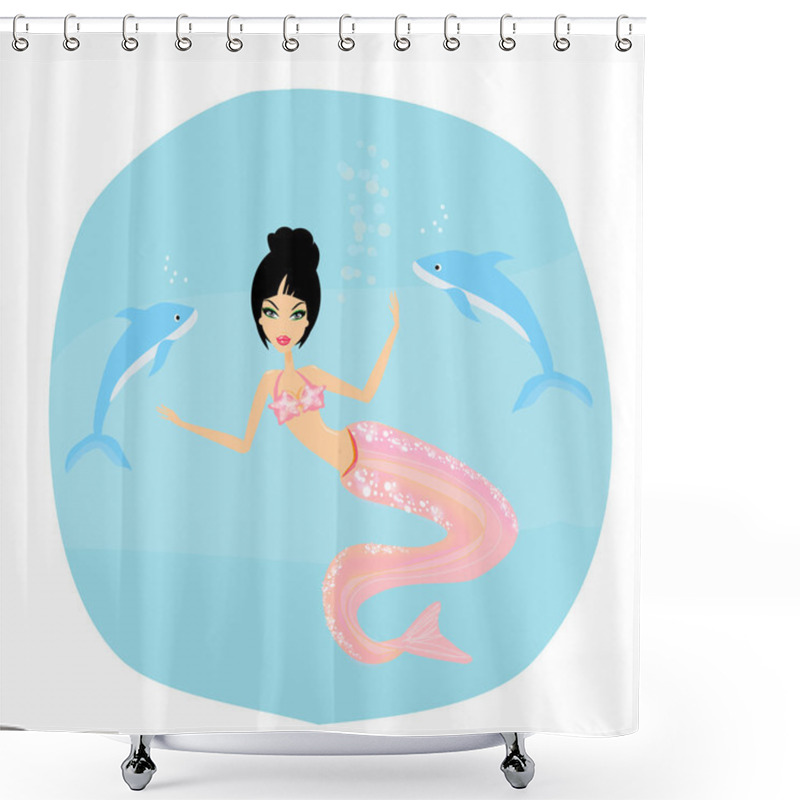 Personality  Illustration Of A Beautiful Mermaid And Dolphins Shower Curtains