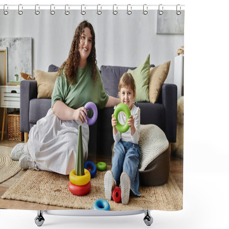 Personality  A Loving Plus Size Woman Engages With Her Daughter, Enjoying Time Together Indoors. Shower Curtains