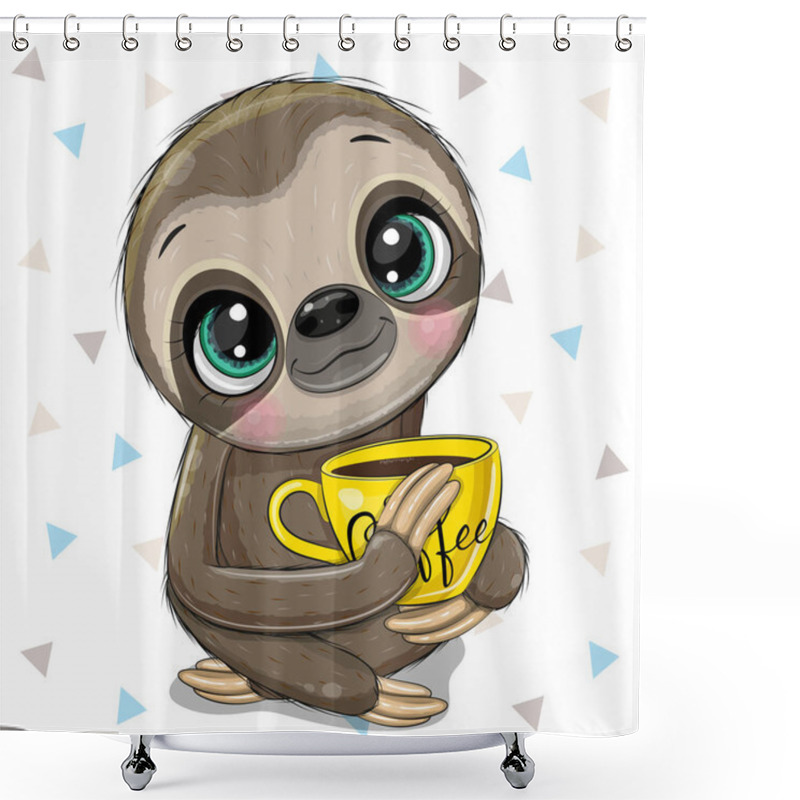 Personality  Cartoon Sloth With A Yellow Cup Of Coffee Shower Curtains