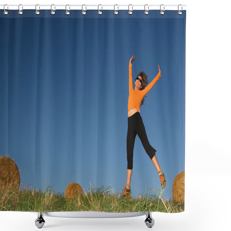 Personality  Woman Jumping In A Hay Bales Field Shower Curtains