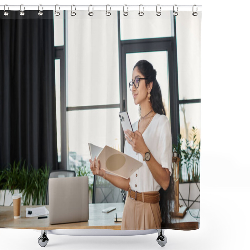 Personality  Young Indian Woman In Glasses Stands At Desk, Holding Folder. Shower Curtains