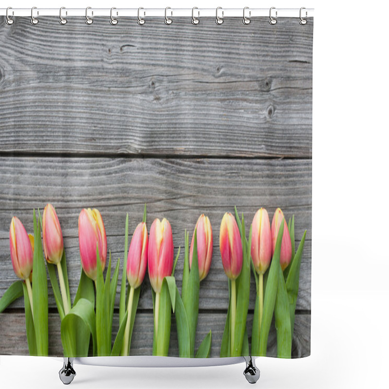 Personality  Fresh Tulips Arranged On Old Wooden Backgroun Shower Curtains