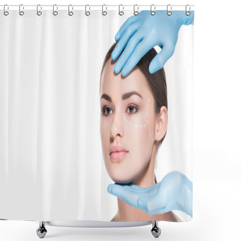 Personality  Doctor Touching Face Of Woman With Dotted Line For Plastic Surgery Isolated On White Shower Curtains