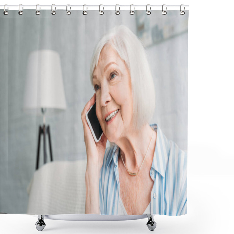 Personality  Portrait Of Smiling Senior Woman Talking On Smartphone At Home Shower Curtains