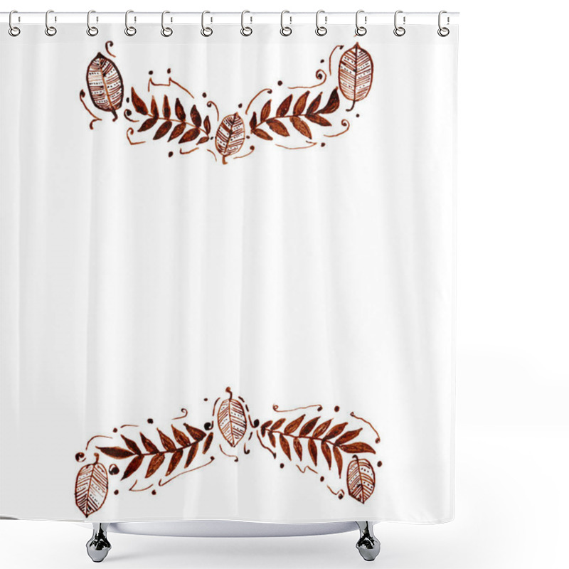 Personality  Frame, Framing Of Leaves. White Background And Copy Space. Leaves Of Different Shapes And Sizes, Filled With Decor. Lines, Dots, Ornament Or Fill. Brown Color. Doodle. Dots, Swirls Around. Isolated. Shower Curtains