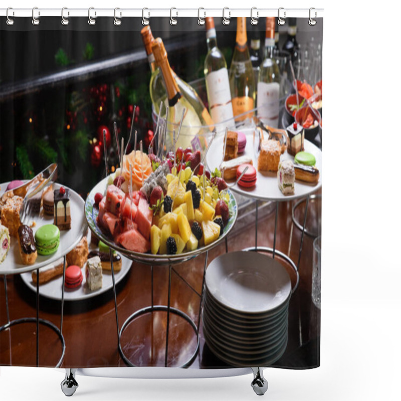 Personality  Sliced Fruit On A Plate With Skewers And Plates Of Sweets. Shower Curtains